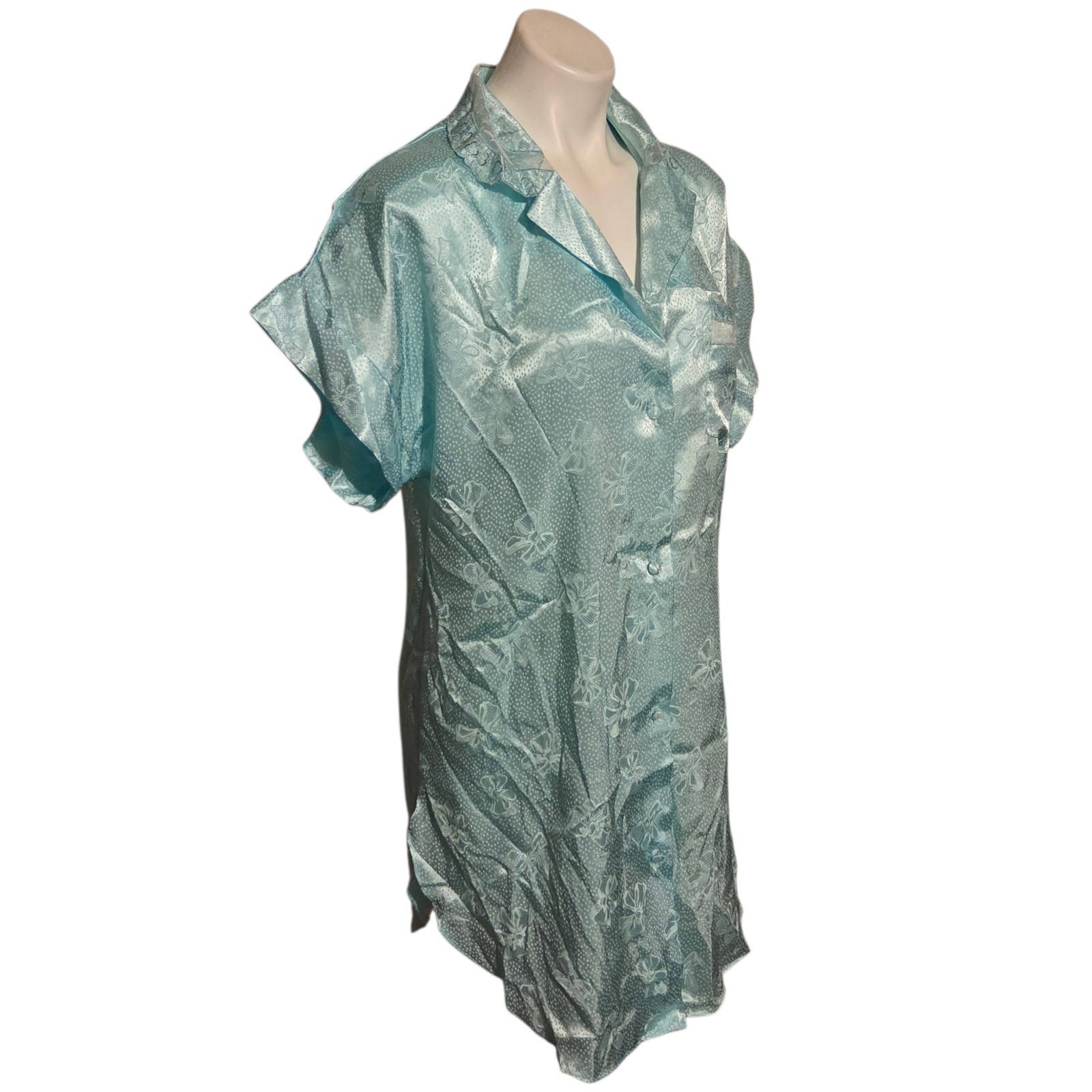 Vintage Lily Of France Sleepwear Medium Blue Nightgown Bow Pattern Embroidered
