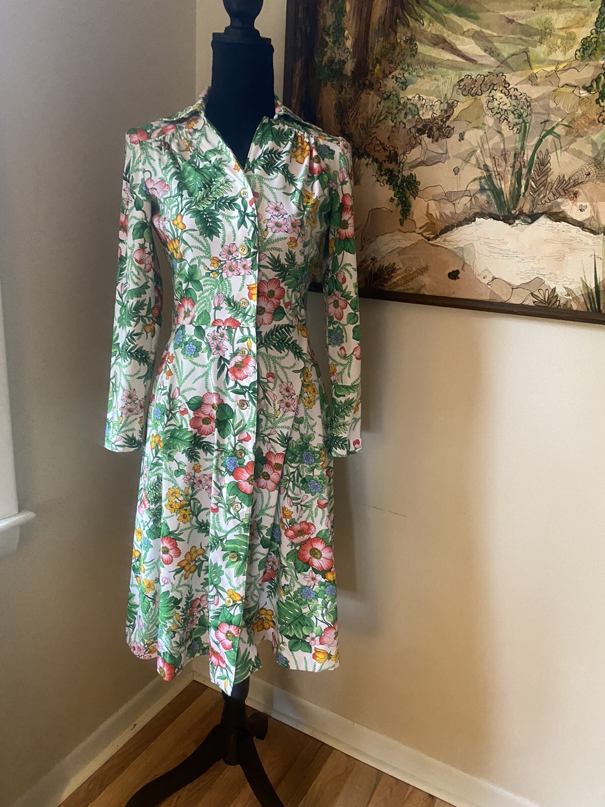 1970s Yves Jennet Dress Vintage Polyester Floral Boho Long Sleeve Button-Up S