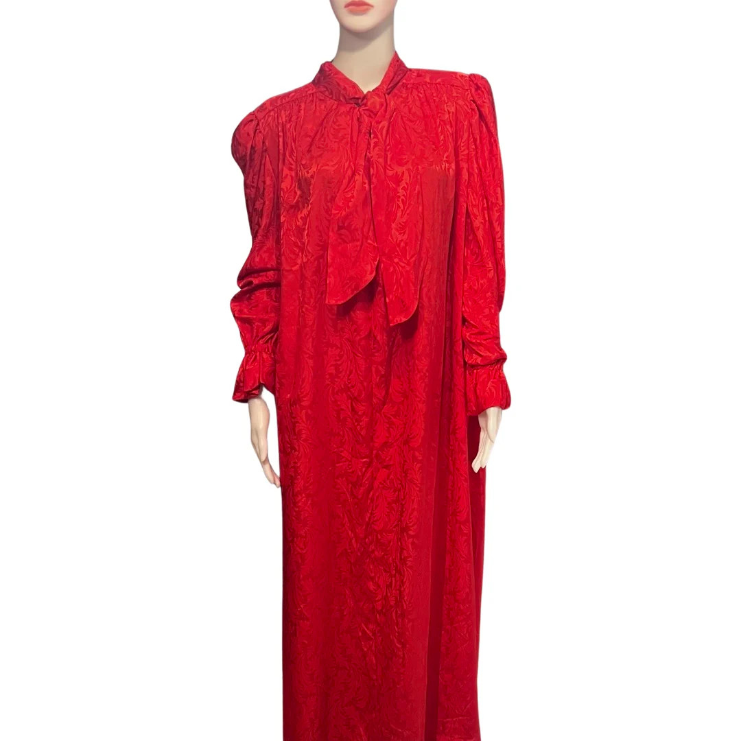 Vintage 1970s Mollie Parnis Plus Size Red Caftan Satin Floral Design