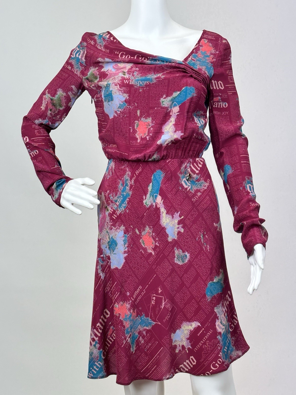 Vintage Rare Galliano Pink and Blue Newsprint Long sleeve Dress Sheer 100% Silk