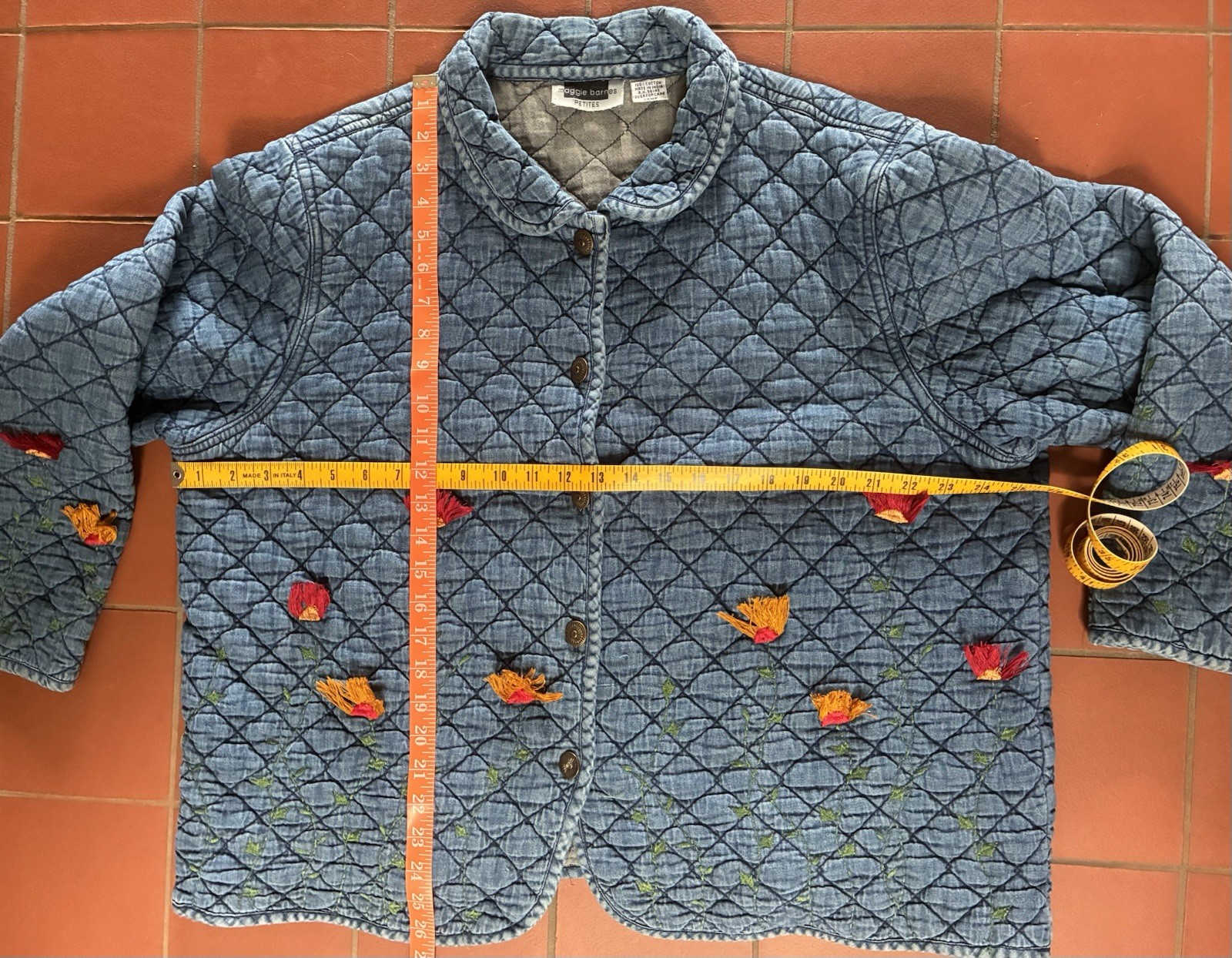 Vintage 90s Maggie Barnes Petites Quilted Embroidered Denim Jacket Floral 24WP