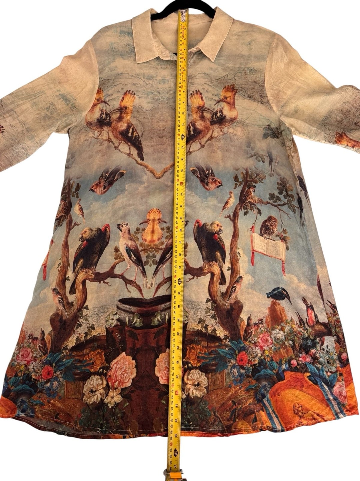 Vintage Girard Silk Renaissance Art Birds and Floral Print Tunic Shirt
