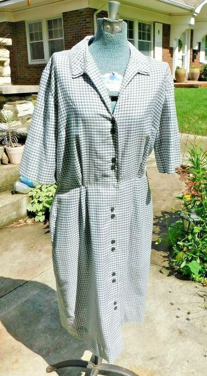 VINTAGE 1950’s / 60’s MID CENTURY GRAY CHECKER ROCKABILLY COTTON DRESS B38 W29