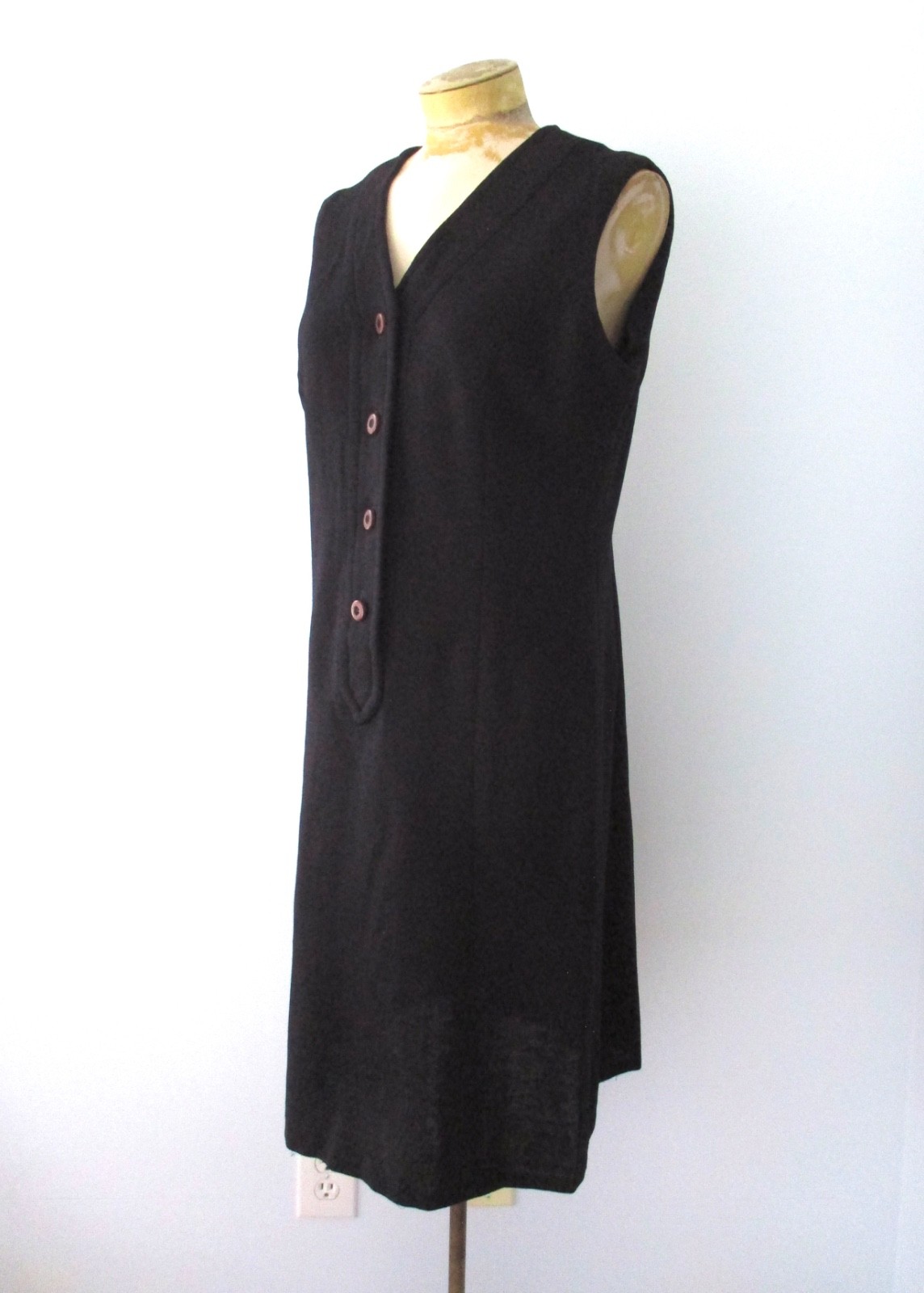 Vtg 60s 70s Joyce Black Wool Knit V-Neck Sleeveless Sheath Tunic Dress M/L