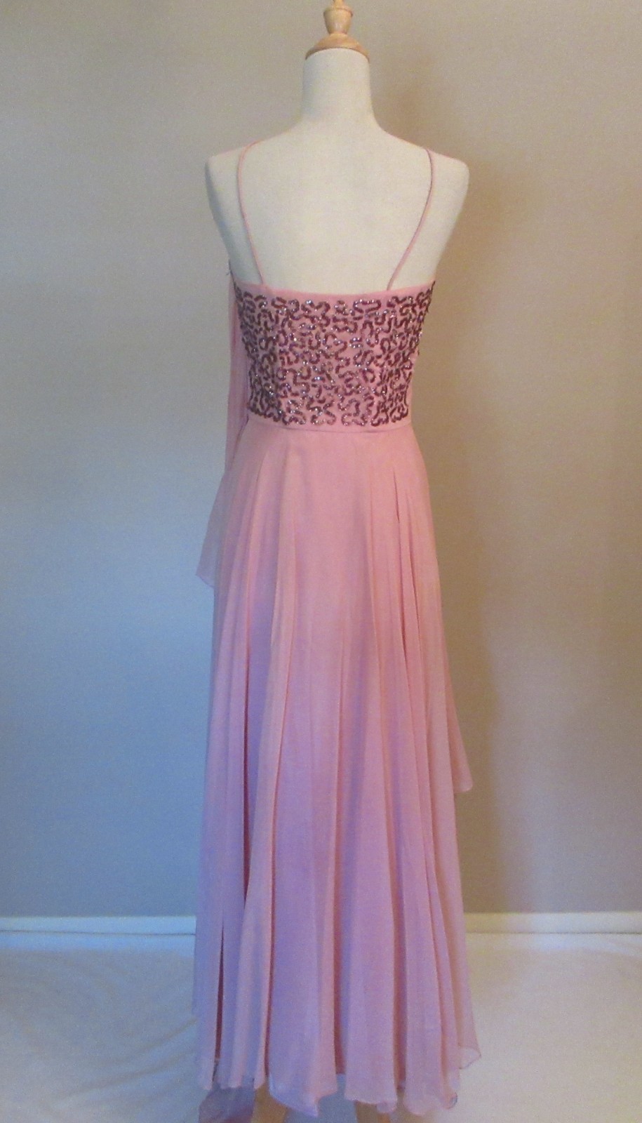 Vintage 1940s-50s Mauve Pink Chiffon Sequined Gown Dress w/Wrap