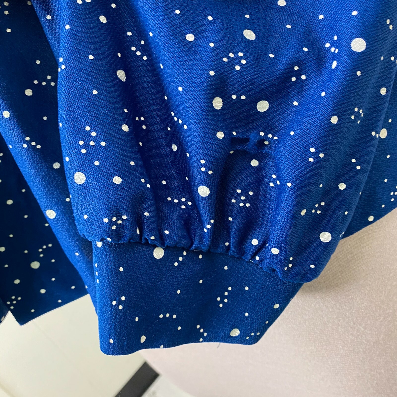 Vintage 70s Polyester Royal Blue & White Polka Dot Button Down Shirt