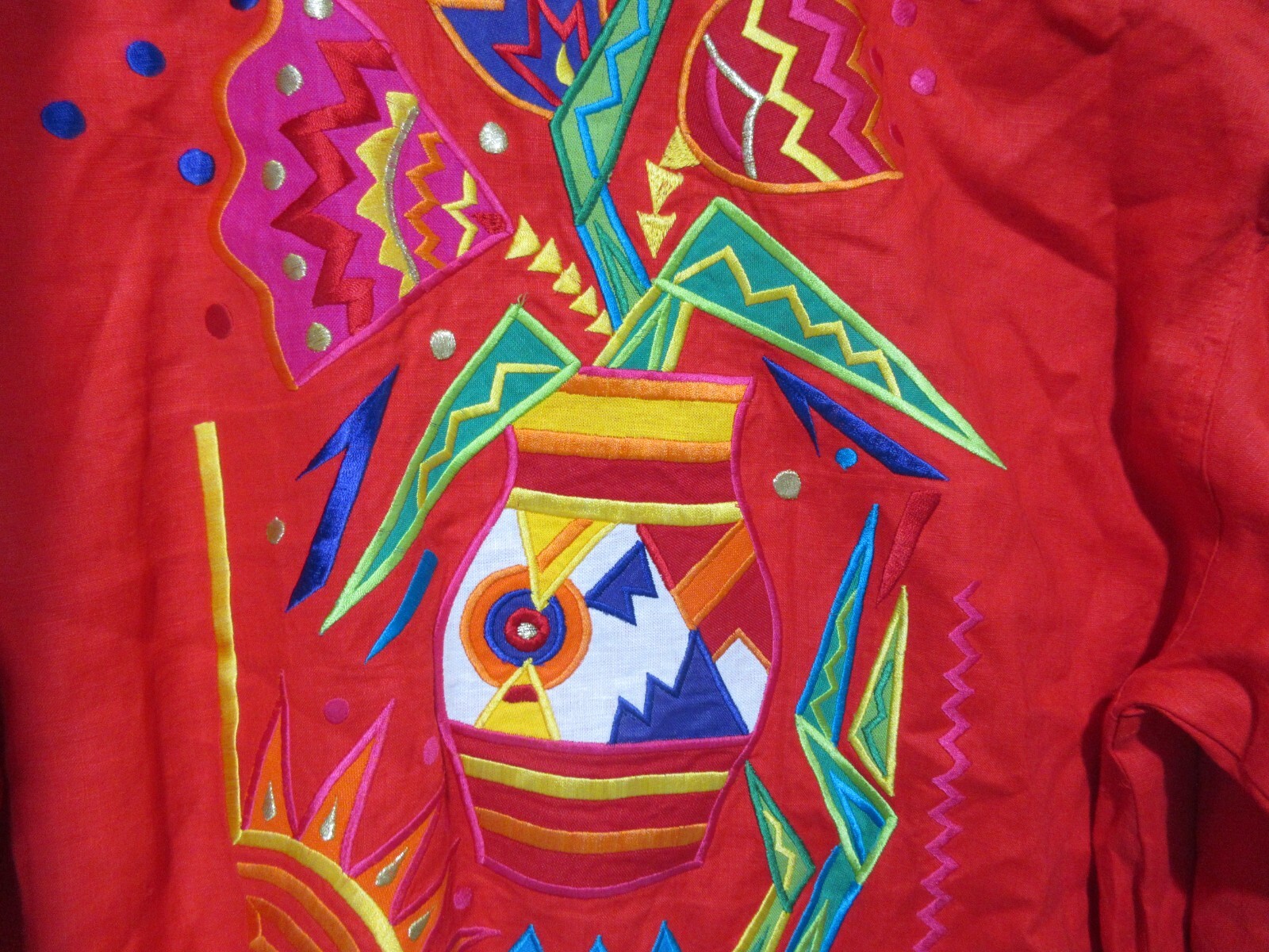 Sz 8 M VINTAGE 90s I B Diffusion Tribal Embroidered Red Linen Bomber Jacket Top