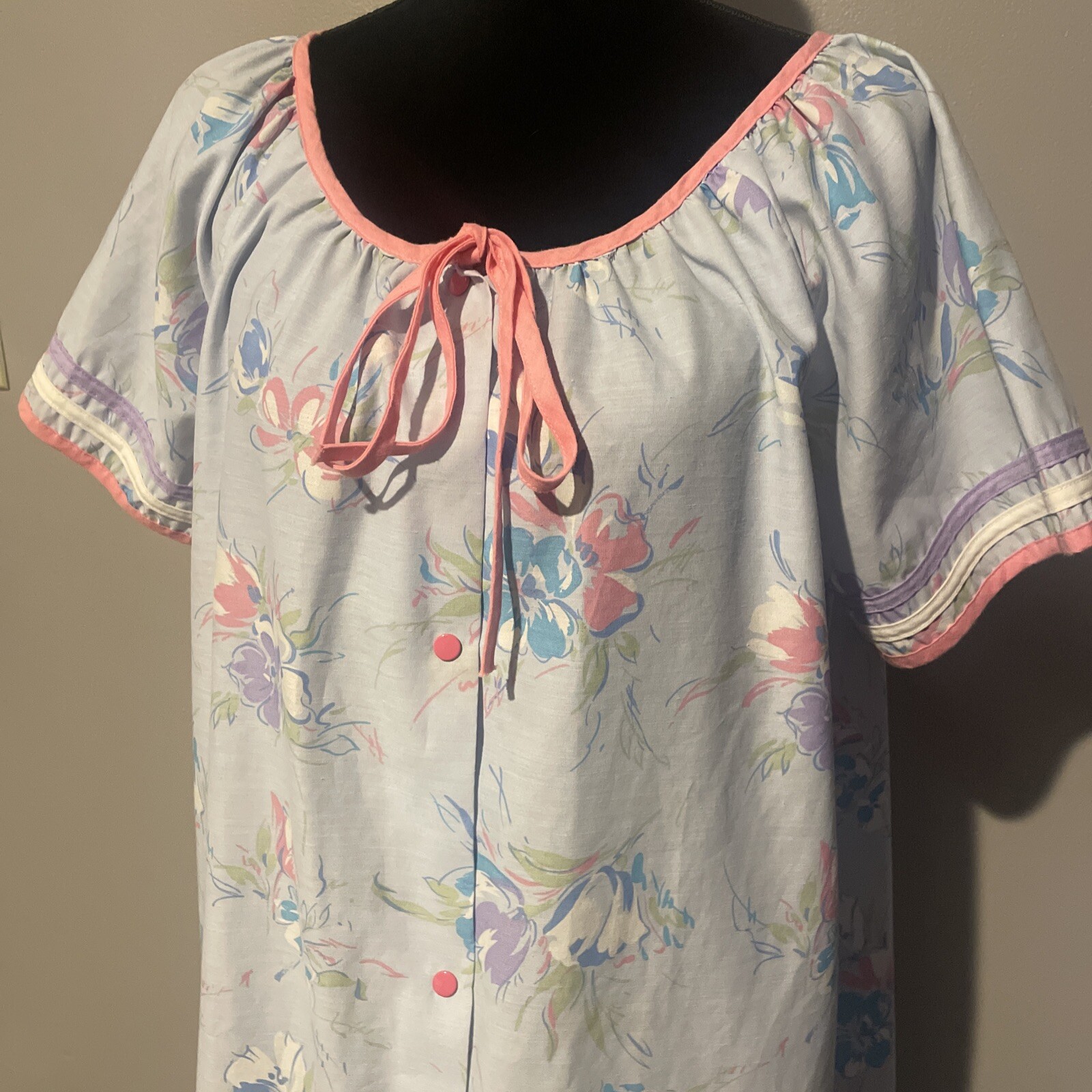 Kingly Housedress Nightgown Vintage Blue Pink Floral Snap Button