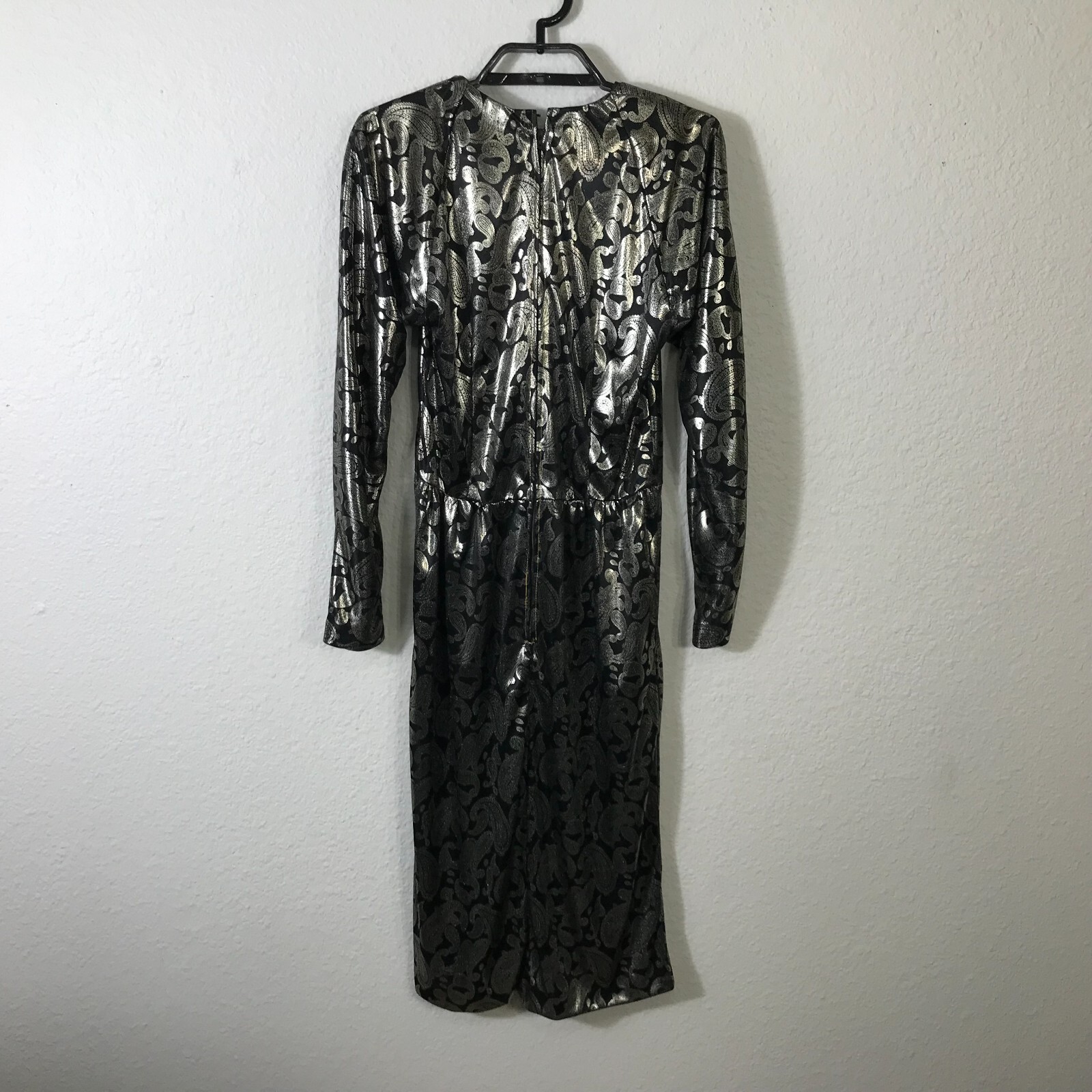 Vintage 80s Homemade Silver Lame Dress XS Paisley Lame Long Sleeve Semi Sheer