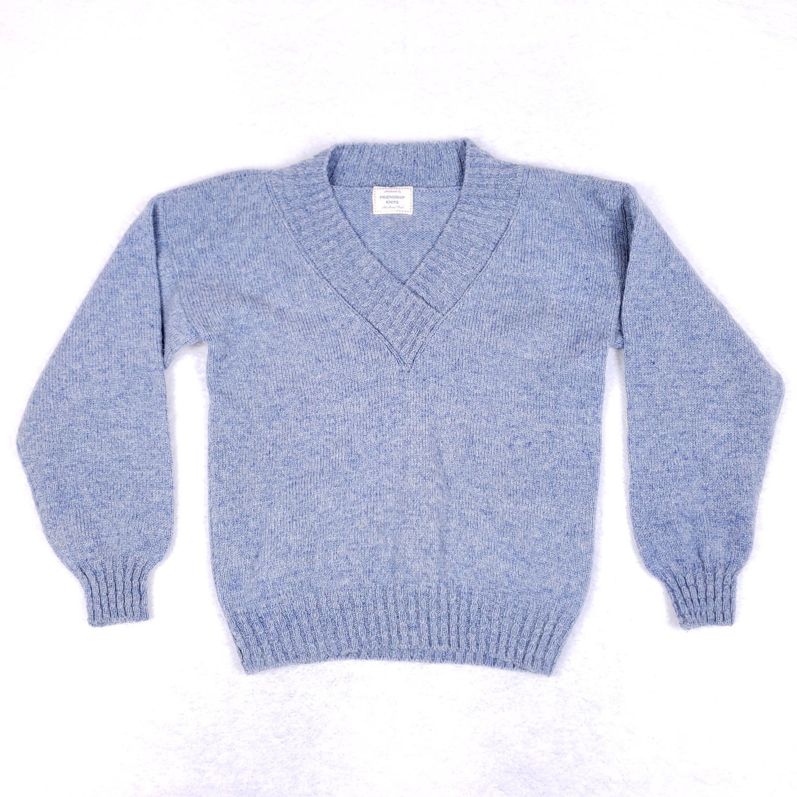Vintage Friendship Knits Sweater Handmade Maine Wool Blue V-Neck Pullover Sz M