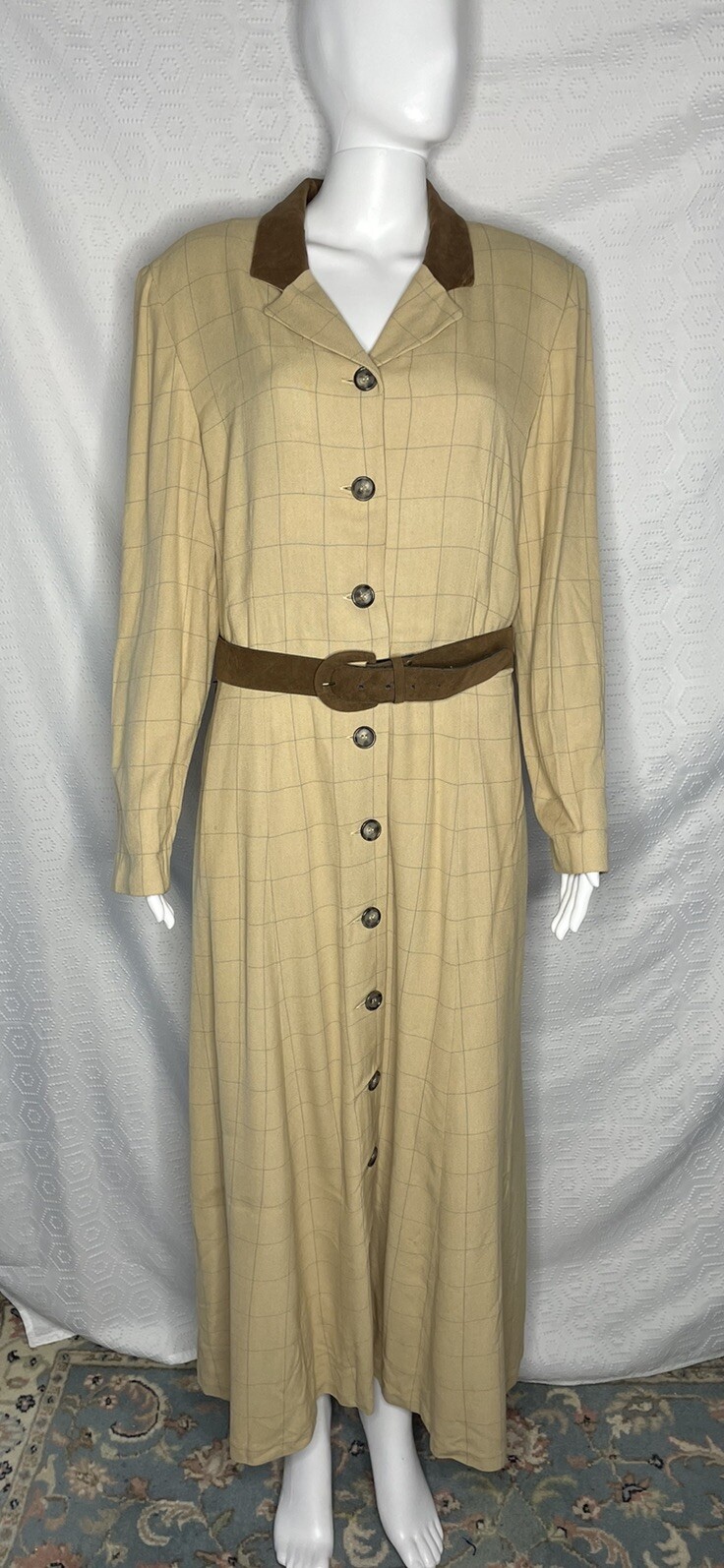 Vtg 80s Robert Riel Collection Coat Dress M-L? Beige Windowpane Faux Suede Trim