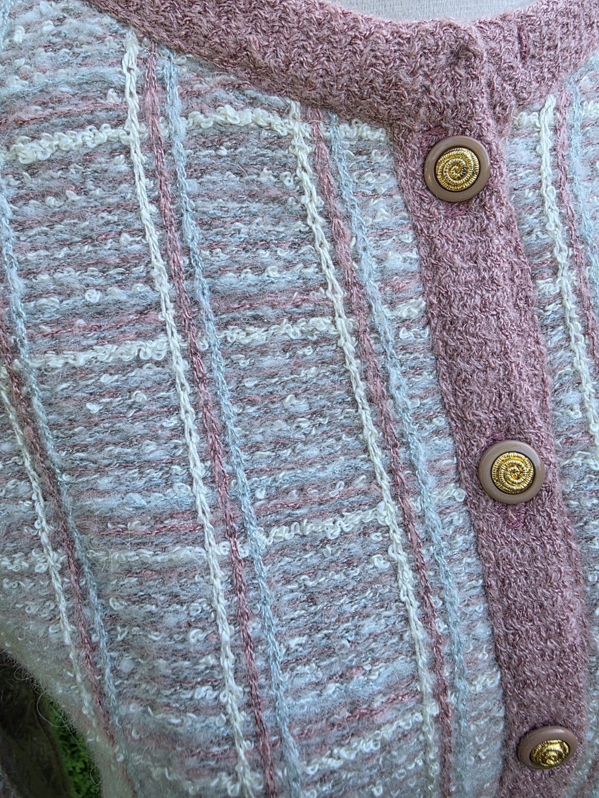Vtg Castleberry Knits Skirt Suit Set Boucle Tweed Pink Cream Plaid Plus Mohair