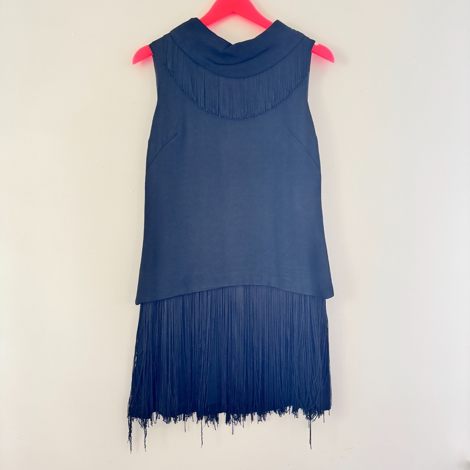 vtg 60s MISS THEME NY Black Go-Go Dancer FRINGE Mini Shift Dress Costume Mod LBD