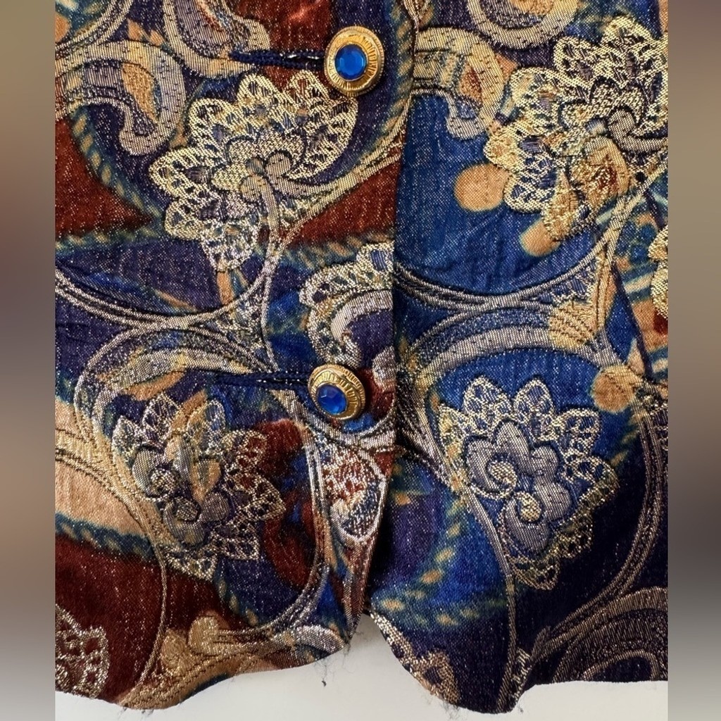 Vintage Tapestry paisley fancy metallic Vest Unisex blue and gold
