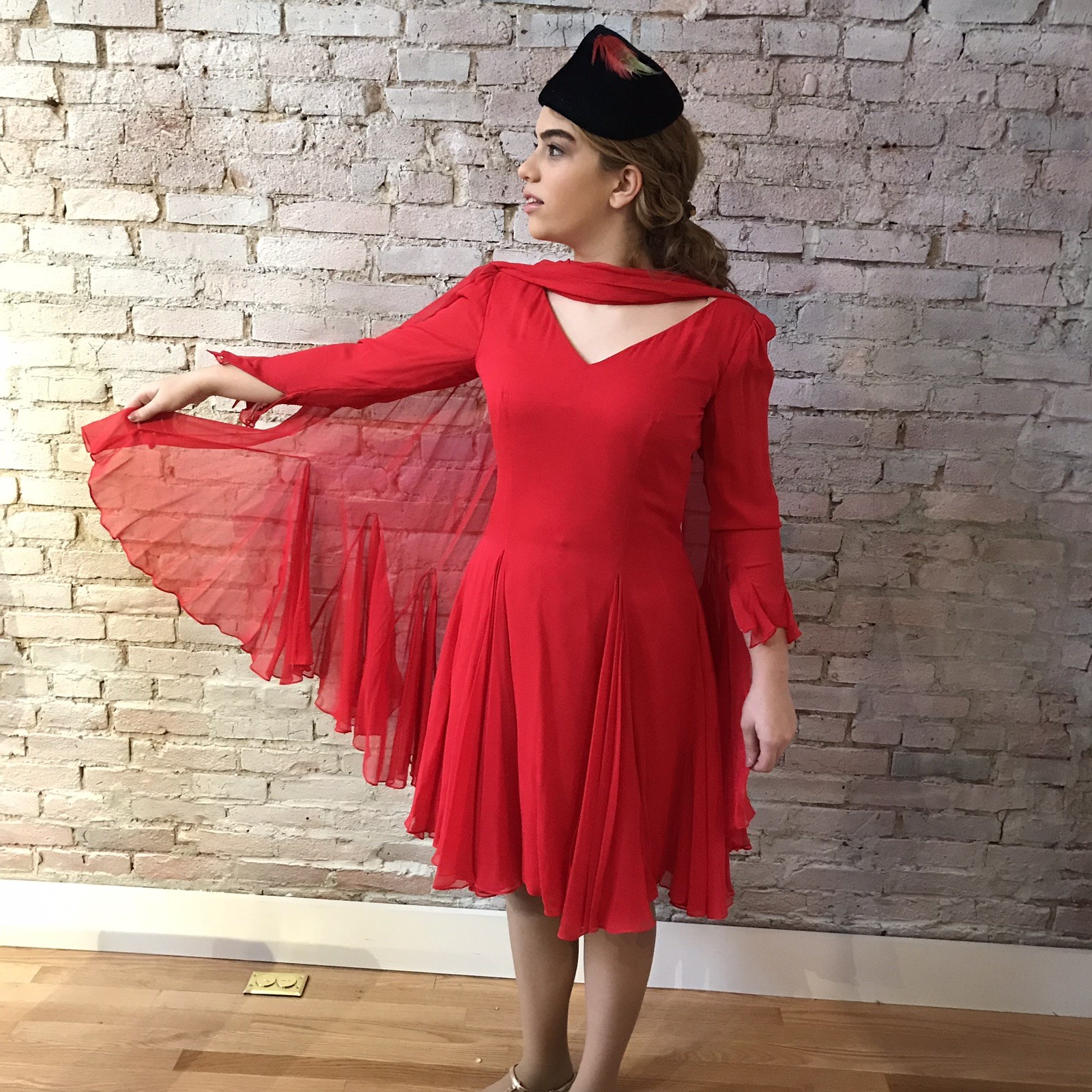 Vintage Travilla Red Silk Chiffon Dress Cocktail Matching Shawl Long Sleeve 8