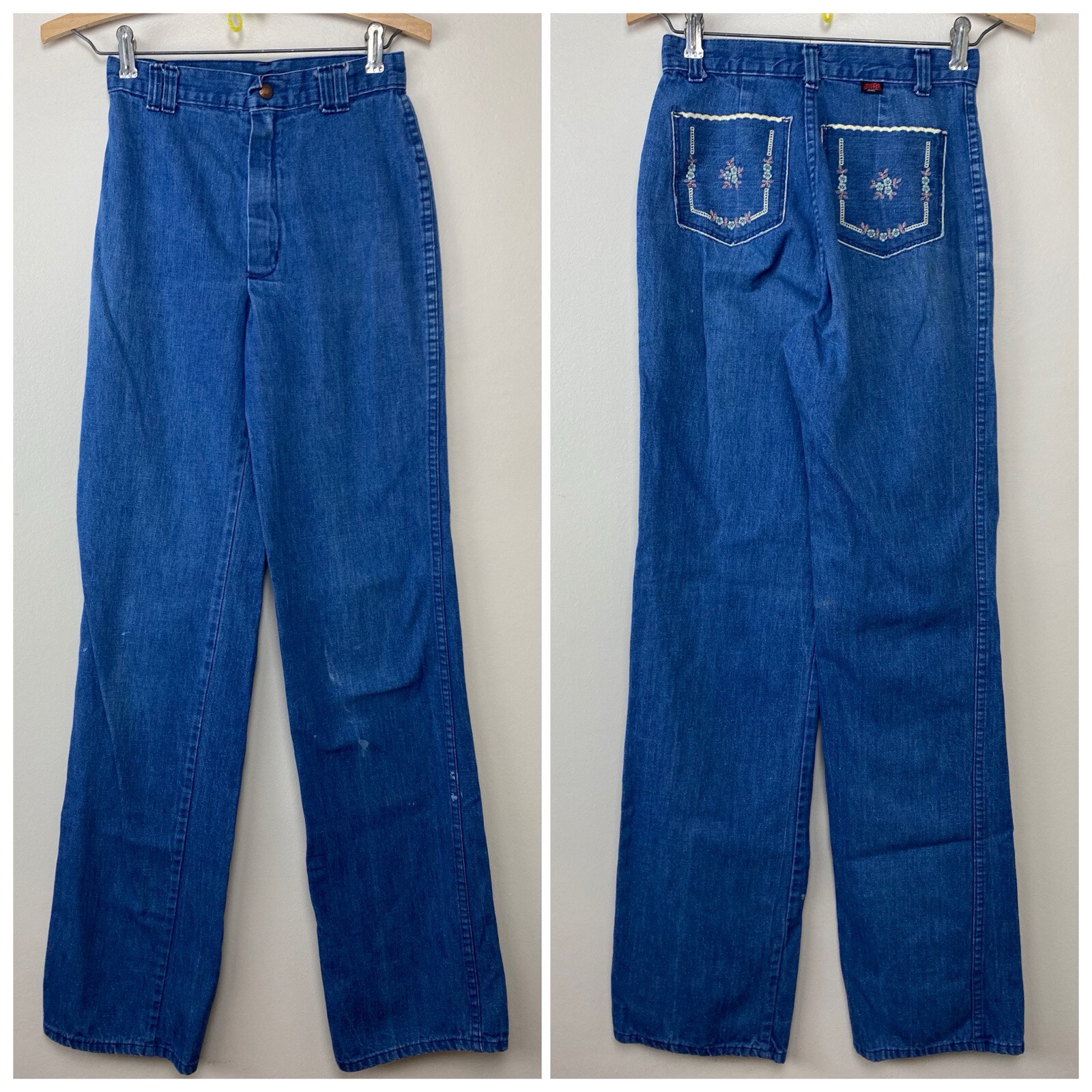 Vintage 1970s/80s Stuffed Jeans Embroidered Pockets 23.5×33 Blue Denim 70s