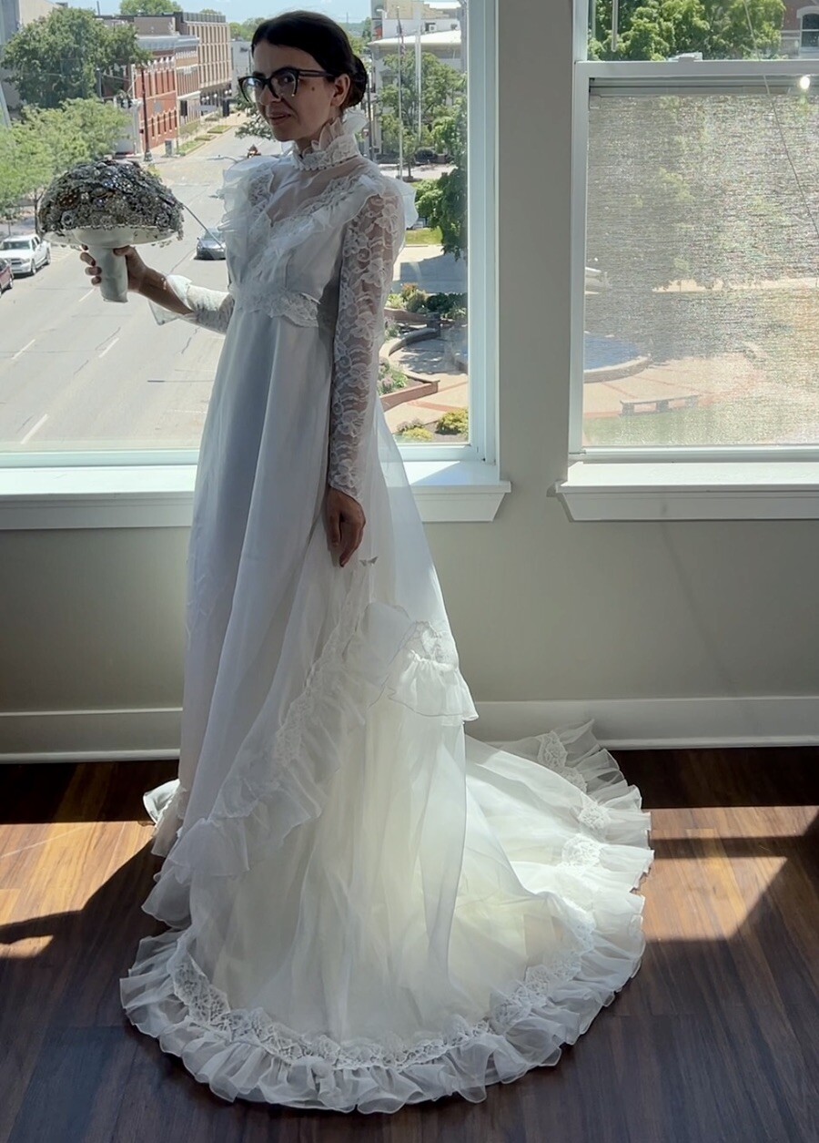 Vintage 1970s Bridal Originals White Cottagecore Wedding Dress Ruffle Lace Small