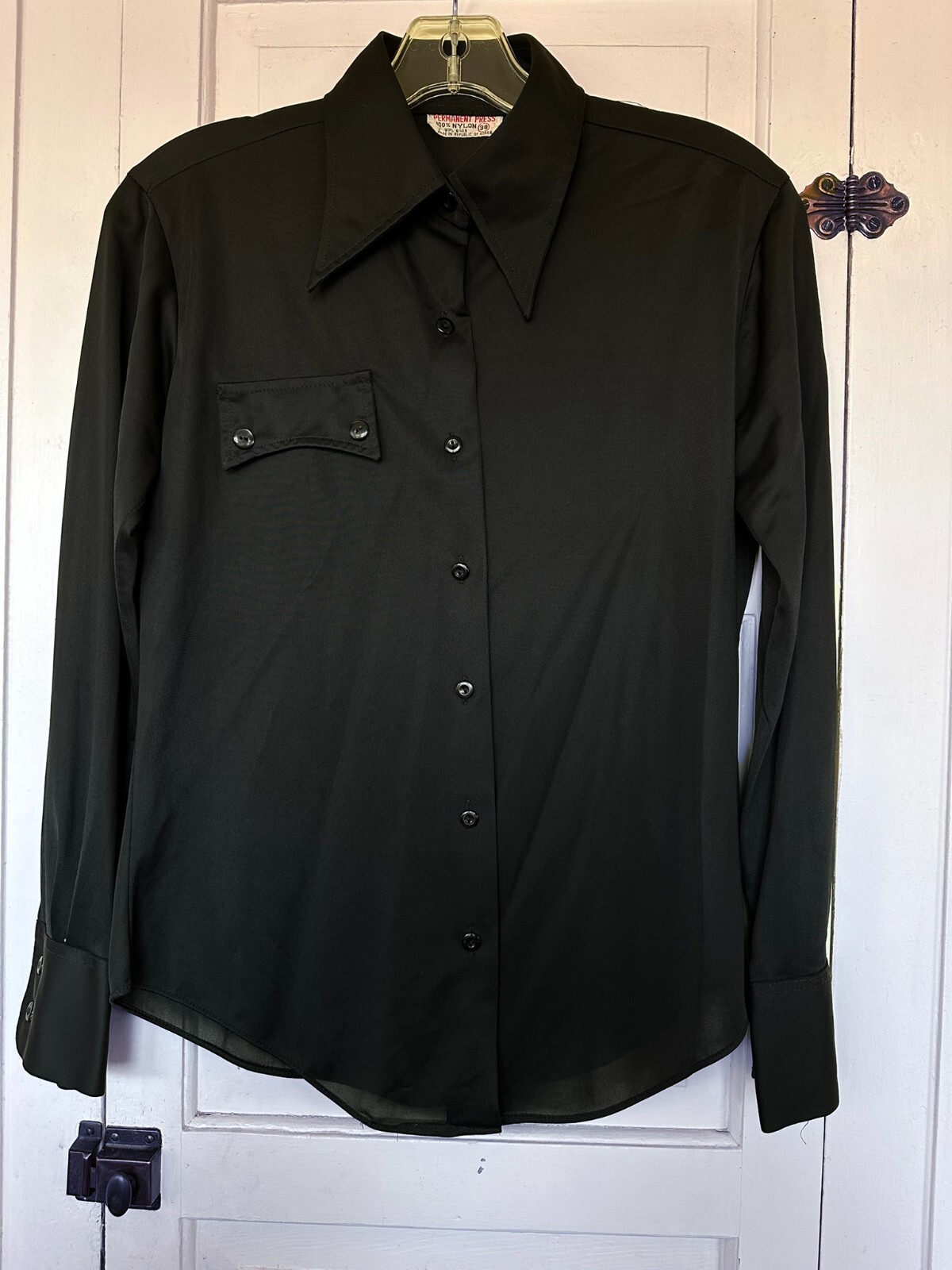 Vtg 60’s 70’s 100% Nylon Slim Fit Mod Disco Shirt Size 38 Black Button Up Collar