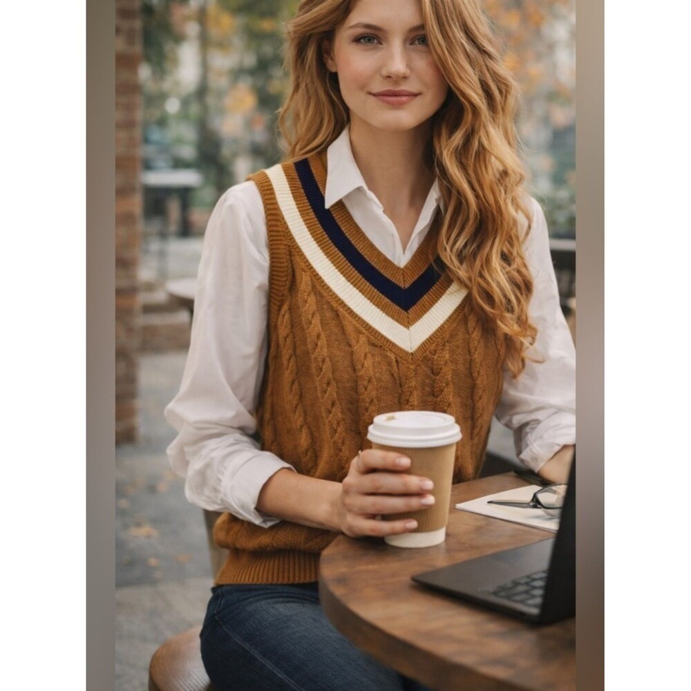 T by Talbots Cable Knit Sweater Vest Mustard V-Neck Stripe Trim Preppy Chic Sz M