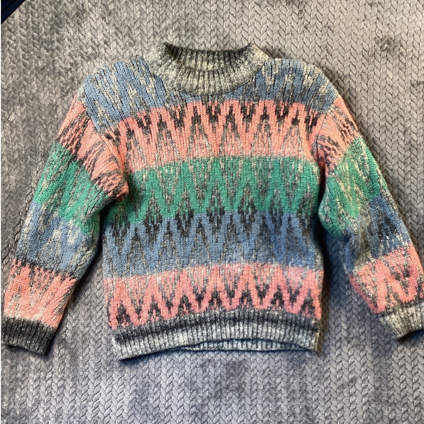 Vintage Idioms Multi Color Chevron Knit Sweater Pink Teal Blue Grey Women’s M