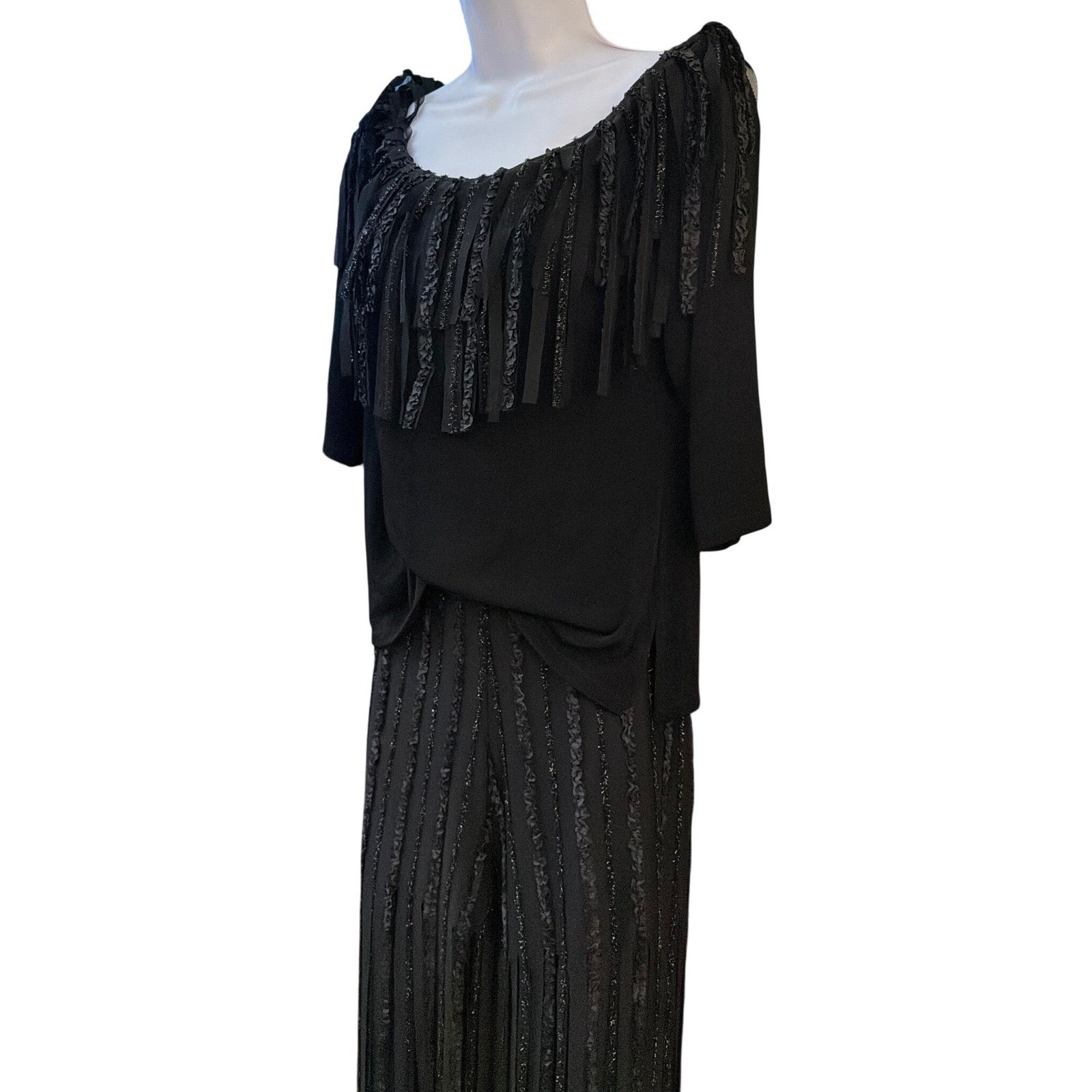 Vintage 80’s Lyon Two Piece Set Fringe Glam Evening Boheme Made in USA Chic