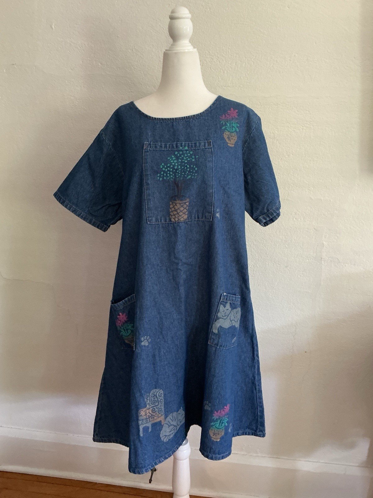 Vintage Rama USA Denim Dress Pockets Smock Hand Painted Cats Plants Comfy Boho L