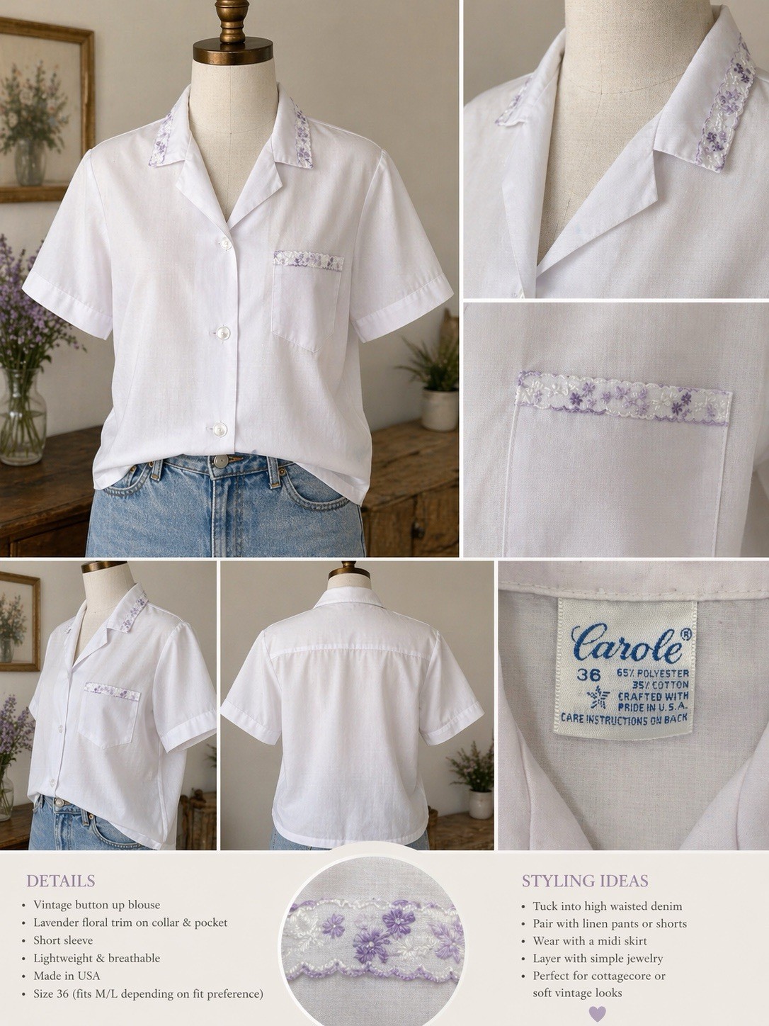Vintage White Button Up Blouse Lavender Trim Cottagecore USA 36