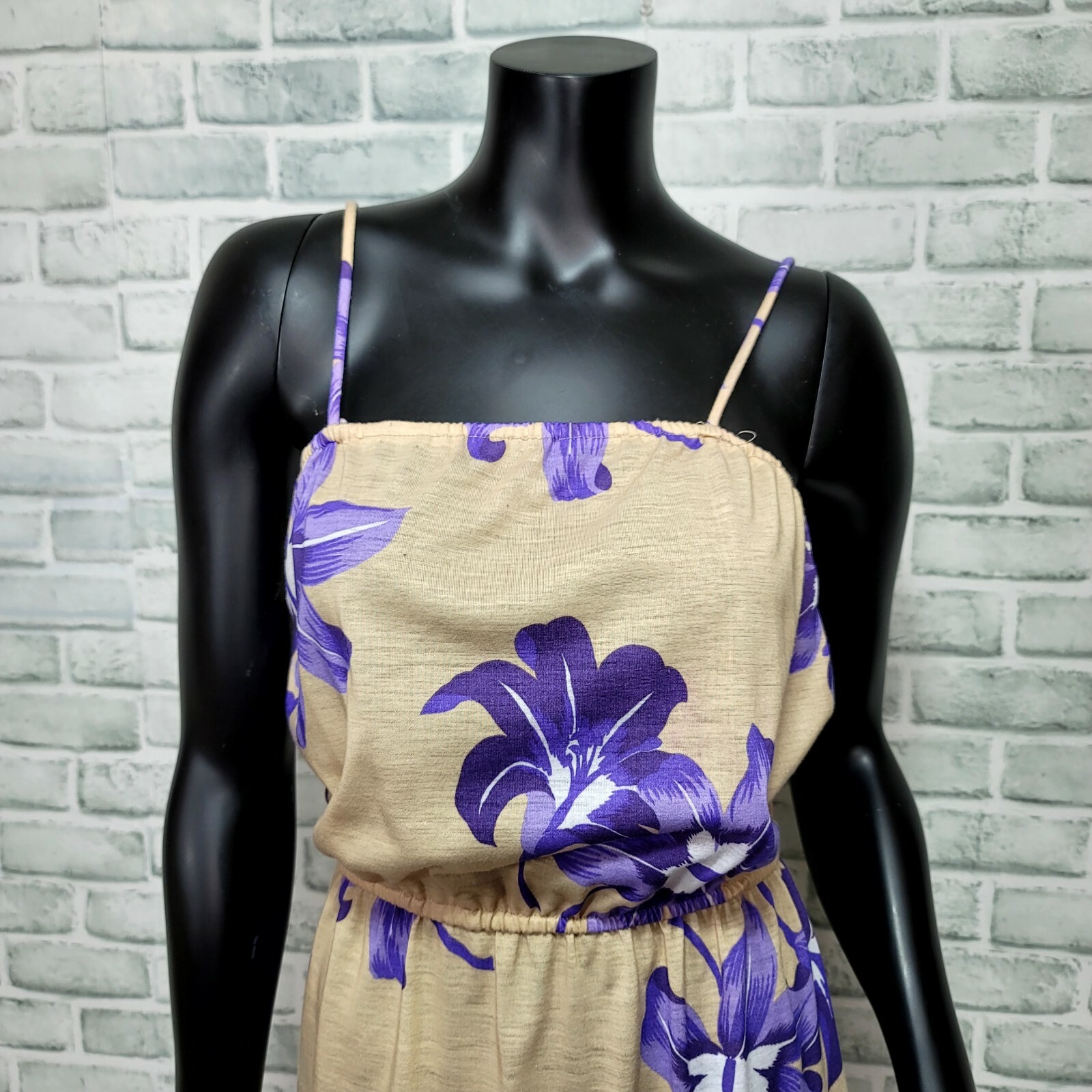 Vintage 70s 80s Sally Lou M/L Beige Purple Tropical Floral Sheath Day Dress