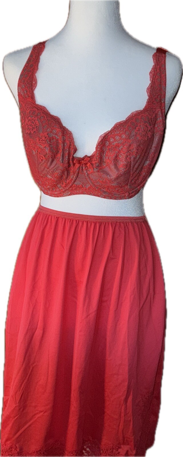 Vtg Fredericks Hollywood Lace Bra & Gaymode Nylon Slip Set Red 34D S M