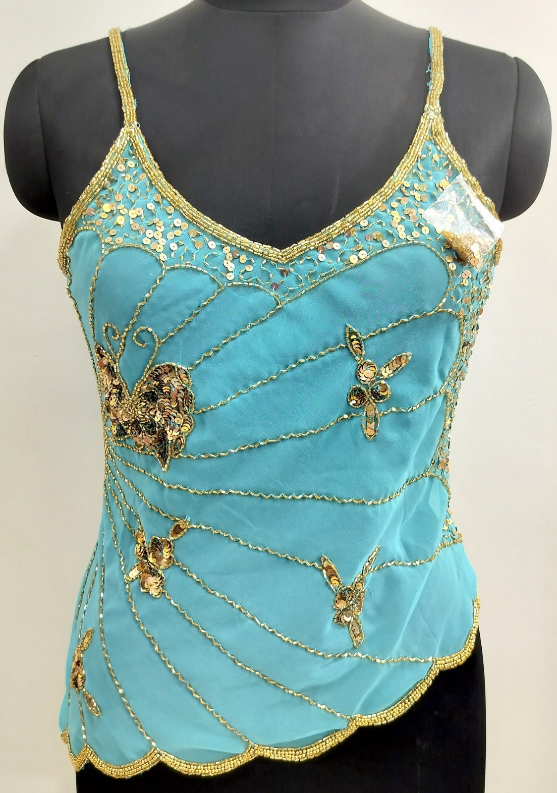 Vintage Y2K Bead Embroidery Costume Sequin Top Blouse Sheer Turquoise Gold Tunic