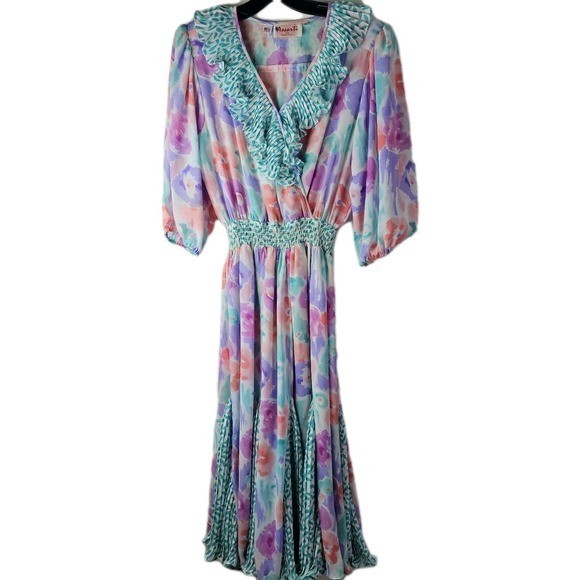 80s Vintage Assorti by Susan Freis Pastel Ruffle Bodice Dress Small Ruffle LS