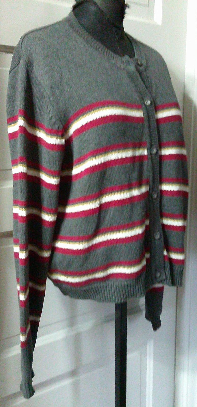 90’s AMERICAN EAGLE Gray Red Stripe Button Up Cardigan Sweater L