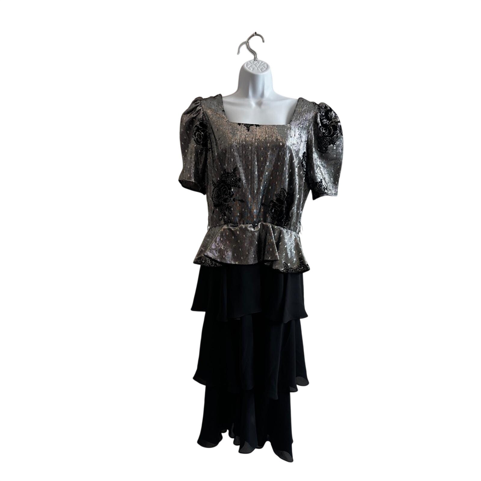 Vintage 80s Prom Lizzy & Johnny Dress Silver Black Metallic Velvet Whimsigoth