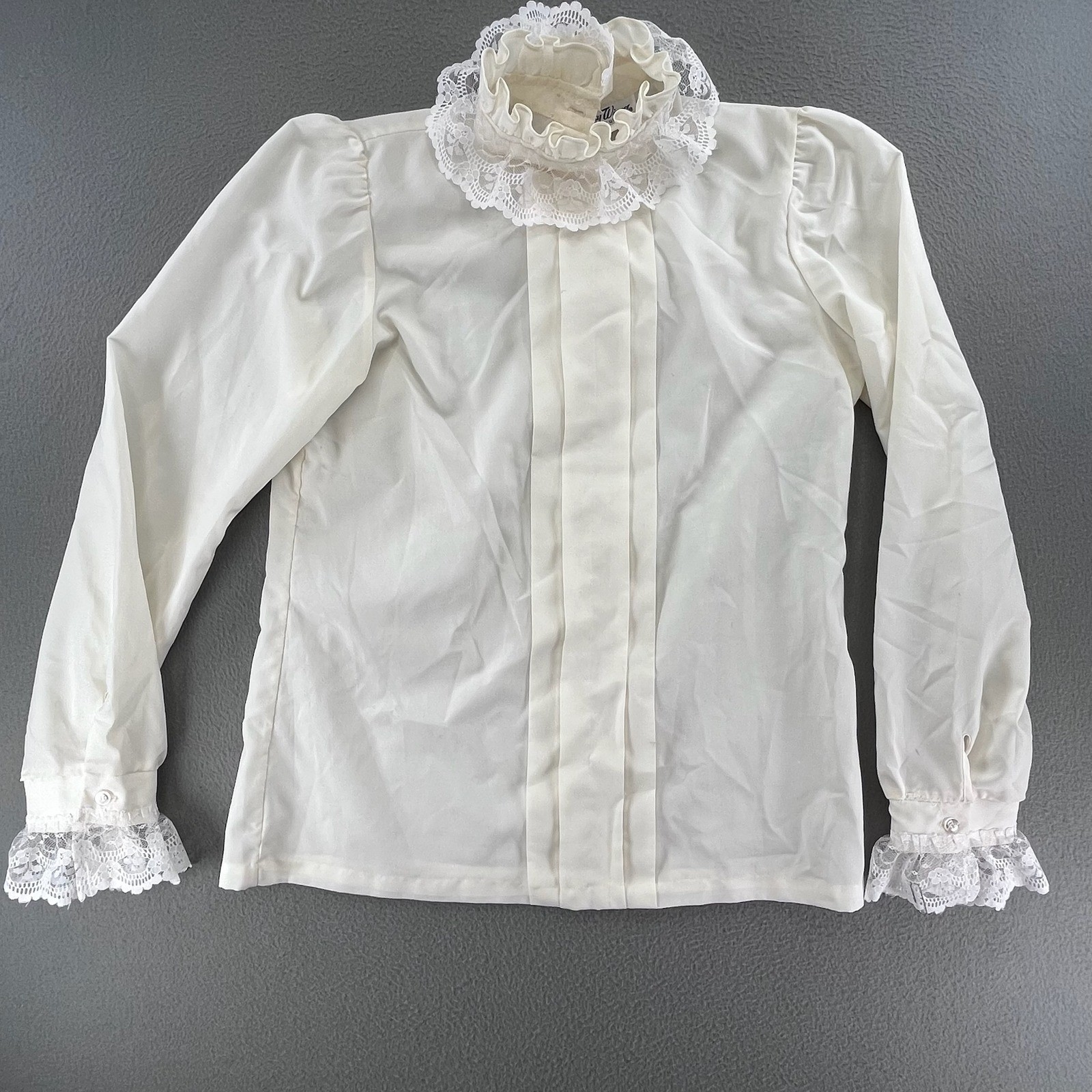 Lucky Winner Women Blouse Ivory Polyester Size 14 Vintage Victorian Lace Ruffle