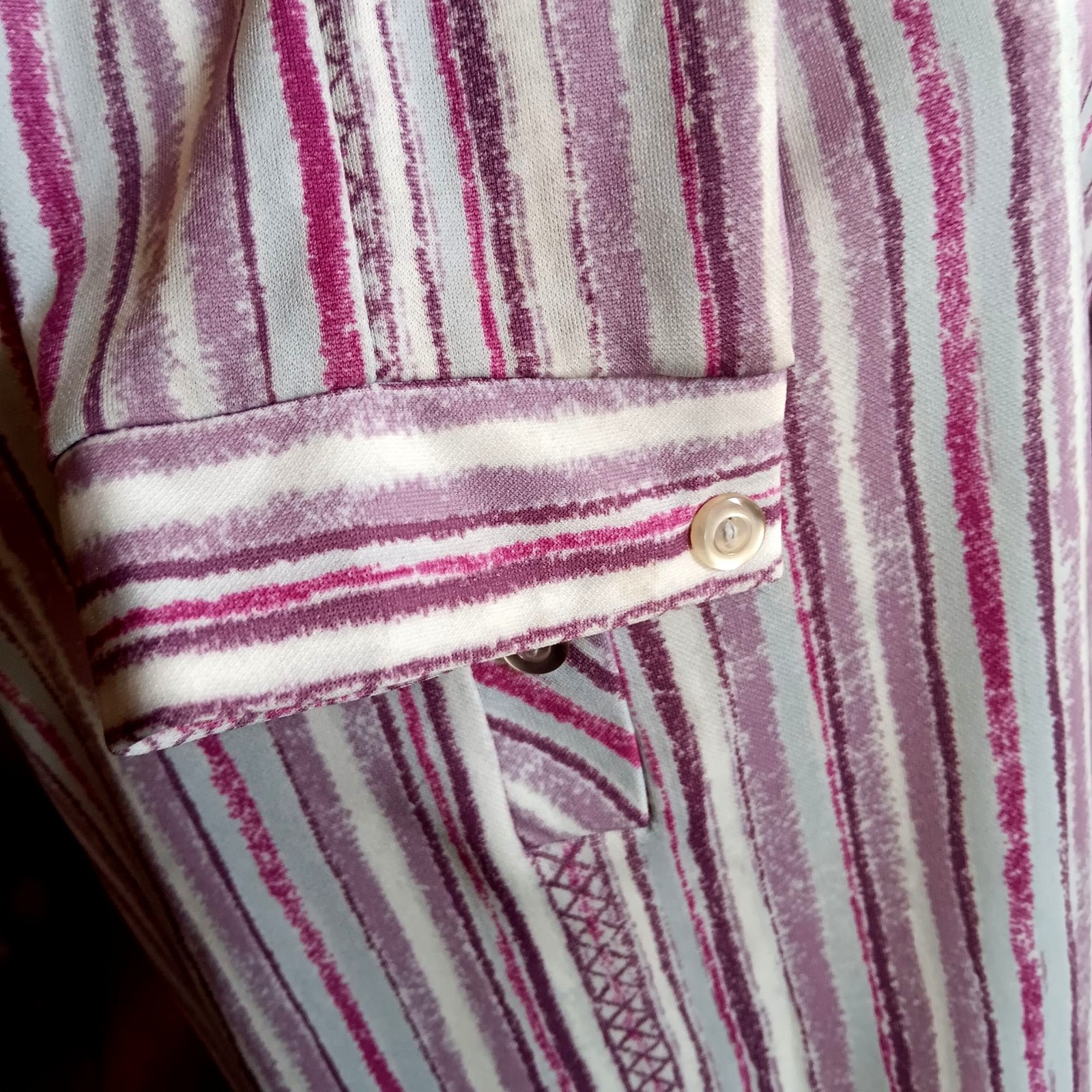True Vintage Top 10 Medium 1970s Purple Polyester Striped Collared Ko Ko Knits