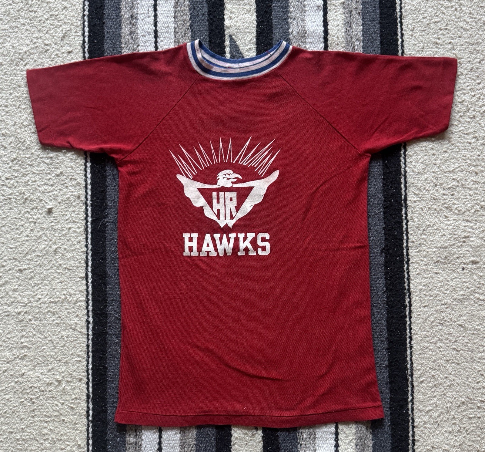 True Vintage 1970s “Hawks” Athletic Velva Sheen Sports T-Shirt Collared Small