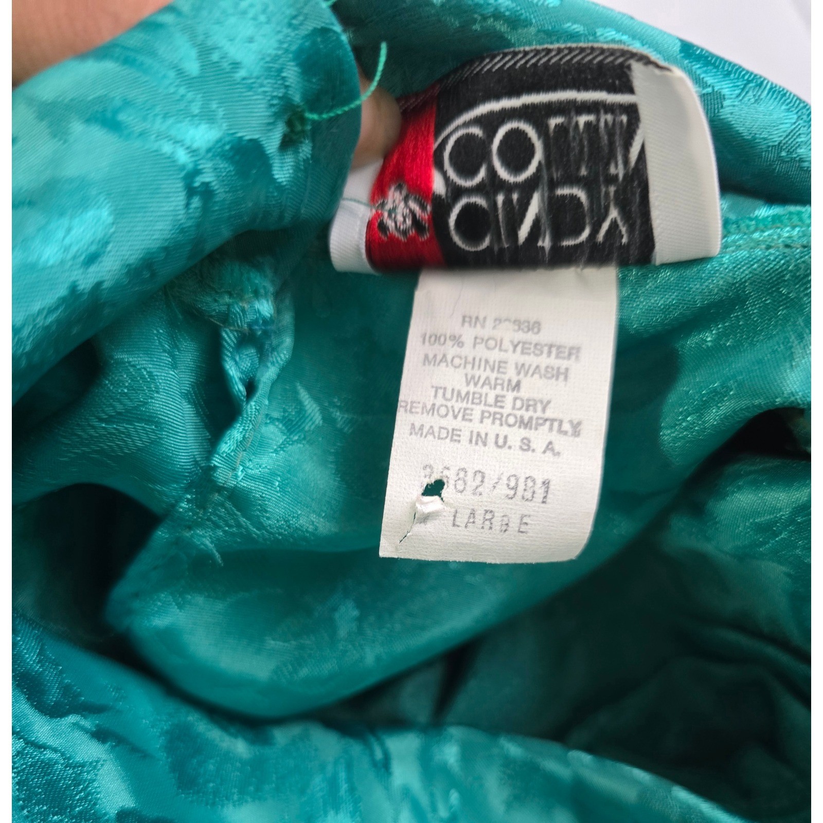 Cindy Collins Vintage Emerald Green Floral Jacquard Mock Neck Blouse Large USA