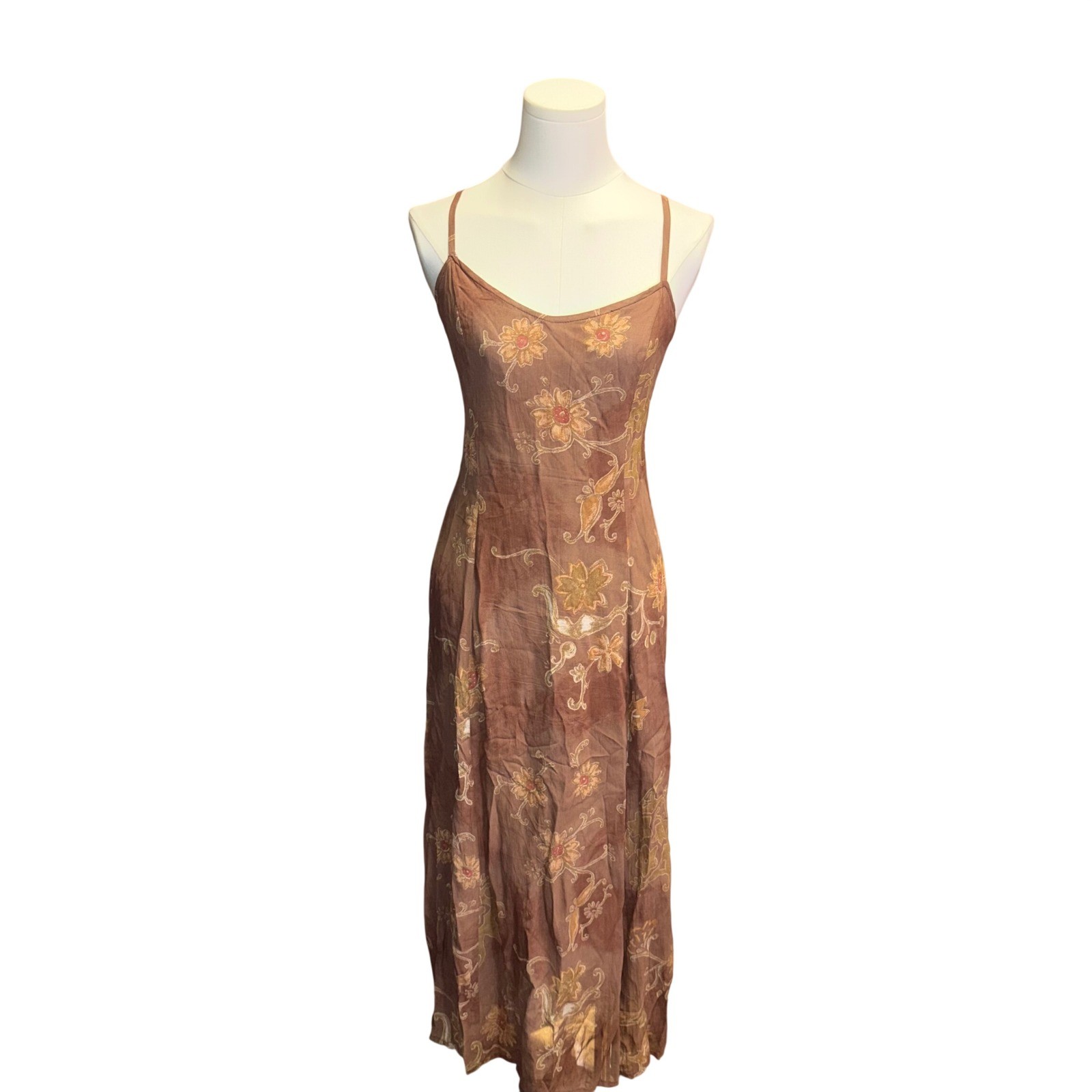 Vintage Euro Silk Blend Slip Dress Brown Floral Asymmetrical Grunge Fairycore