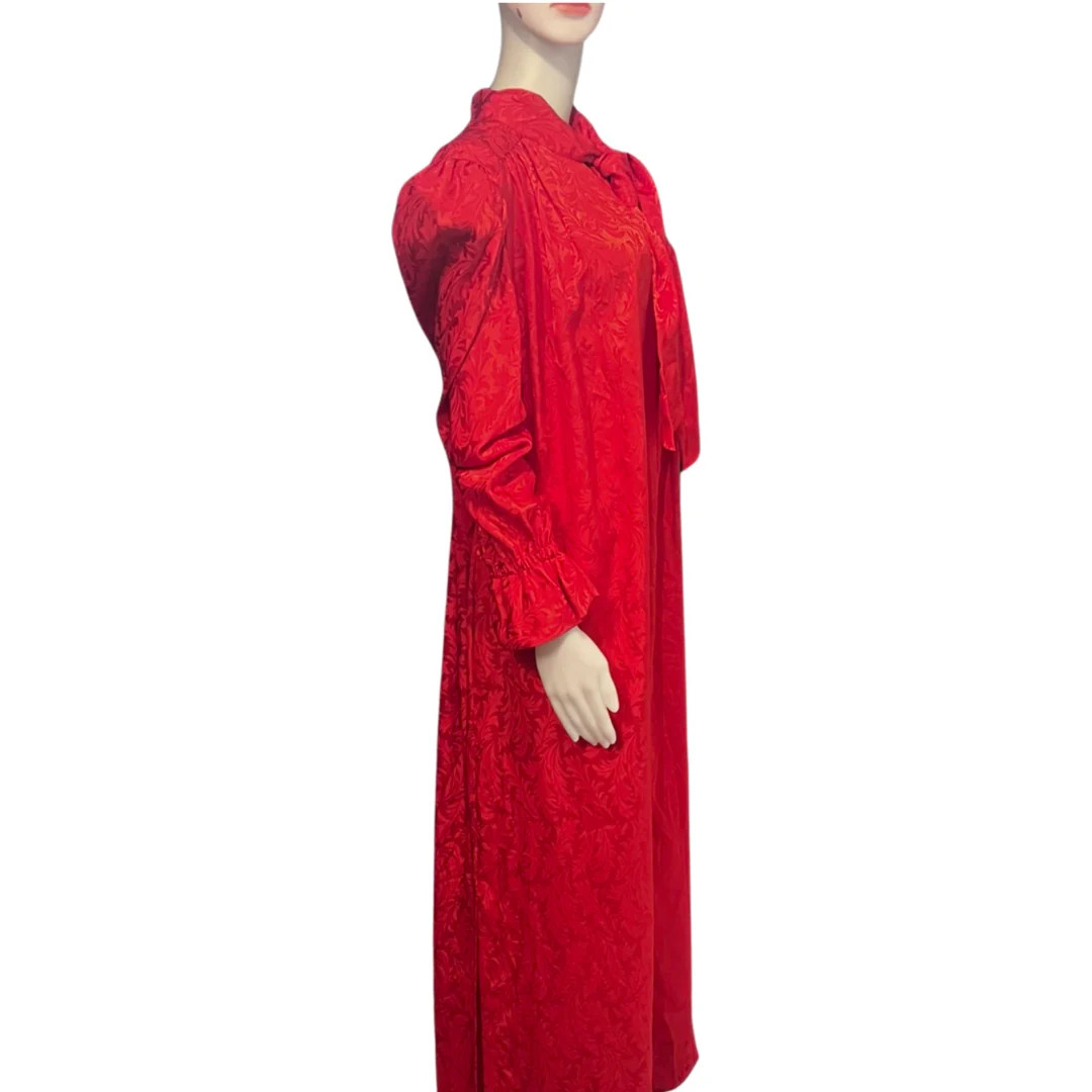 Vintage 1970s Mollie Parnis Plus Size Red Caftan Satin Floral Design