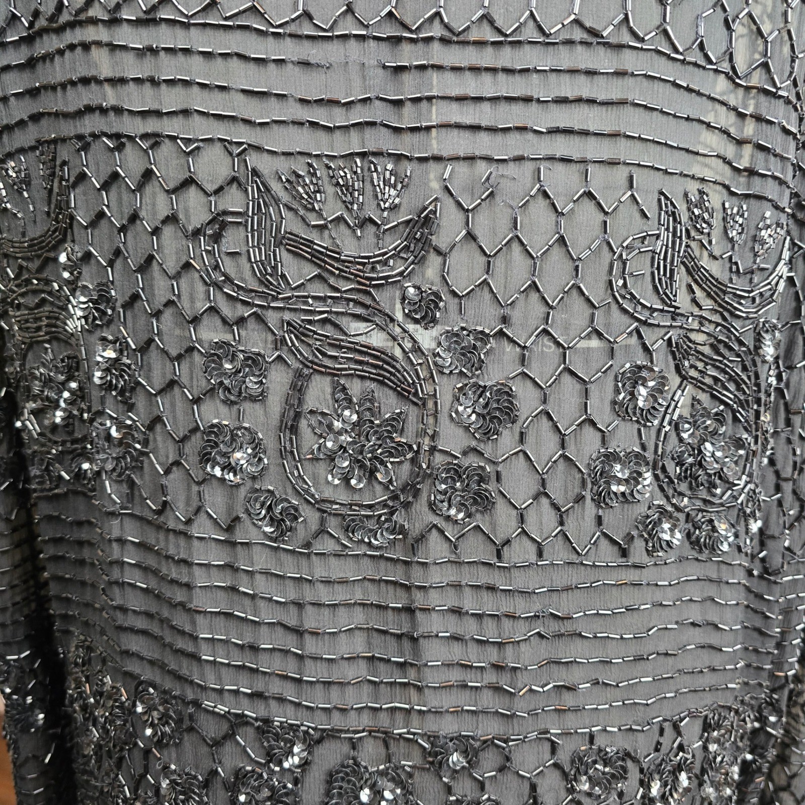 Vintage Adrianna Papell Evening Silk Beaded Sequined Top Tunic Sheer Black XL