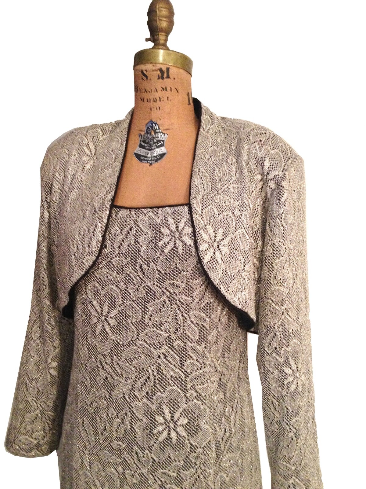 Vtg. 1950s Metallic Lace Evening Gown / Long Sheath / Cocktail Dress and Bolero