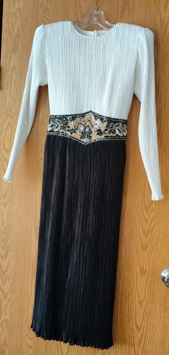 Vtg Nuit Plisse Black White Sequin Belt Cocktail Party Formal Dress Sz 4 ILGWU