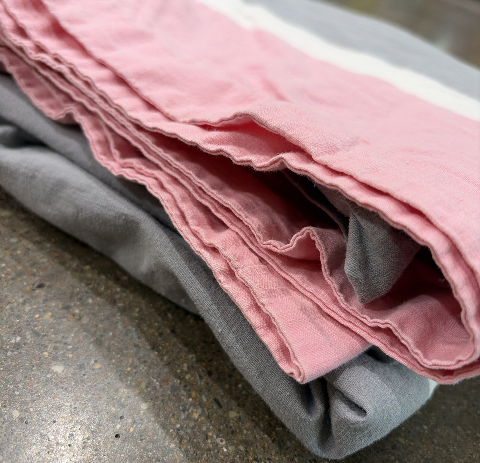 1970’s 31″ Long Unfinished Homemade Stripped Skirt Gray, Pink & White