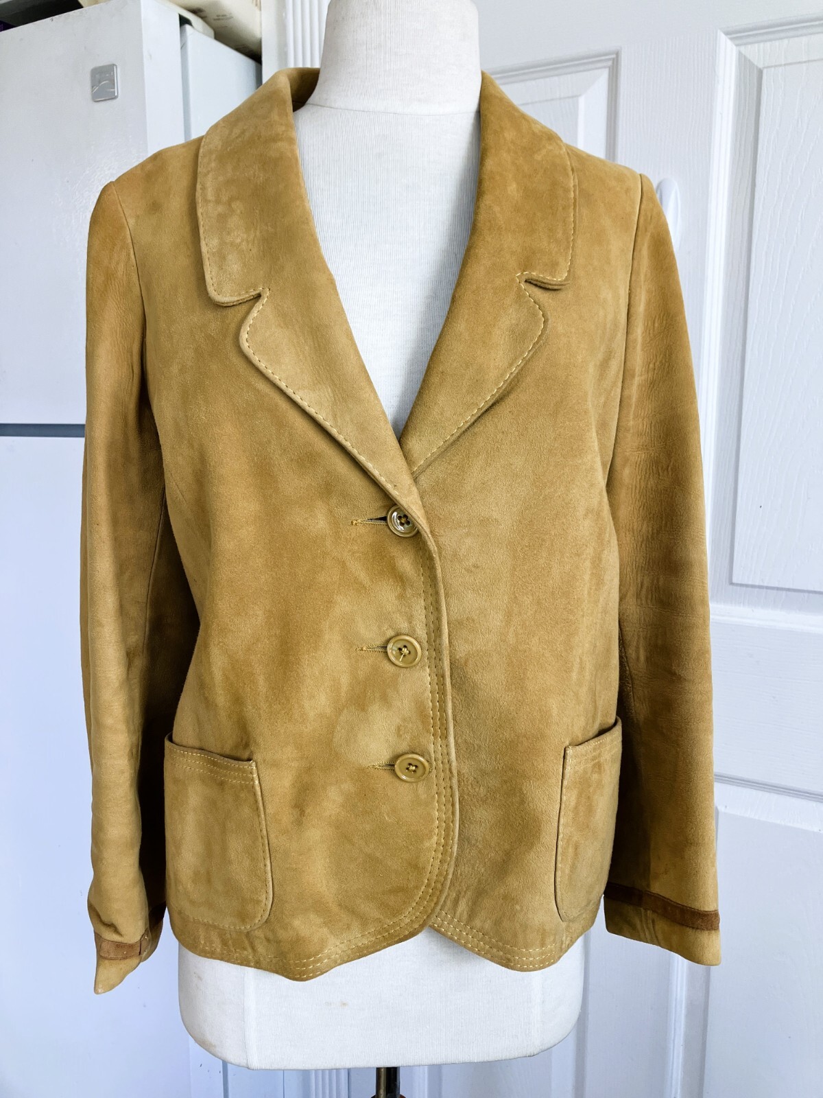 Designer 60’s Women’s Classic Calfskin Suede Lined Leather Trim Blazer Jacket M