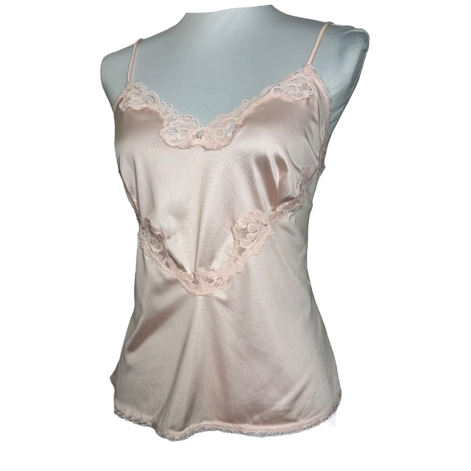 Vintage 80s Fairy Top M Pink Lace Trim Coquette Cottage Lingerie Cami Warners