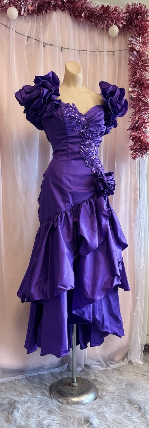 Vintage 80s Formal Prom Party Evening Dress Purple Sequins Poufy Sleeves M