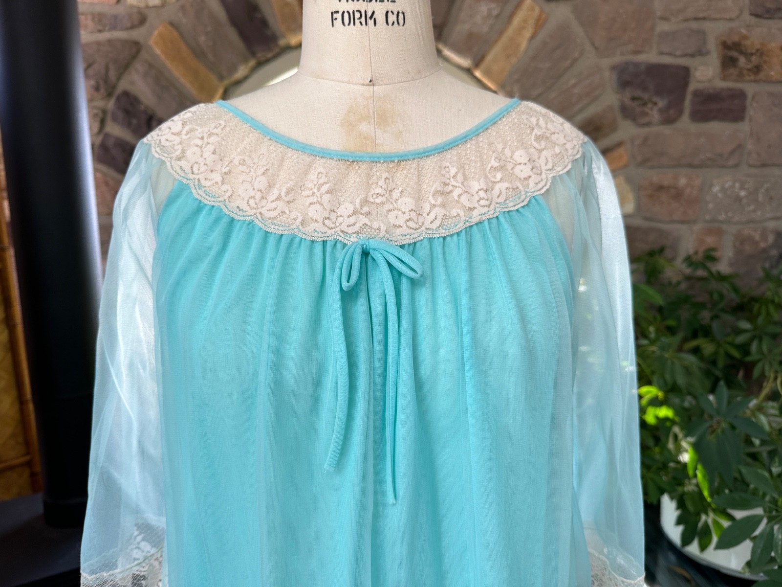 Vintage 1970s Turquoise Blue Nylon and Ivory Lace Nightgown