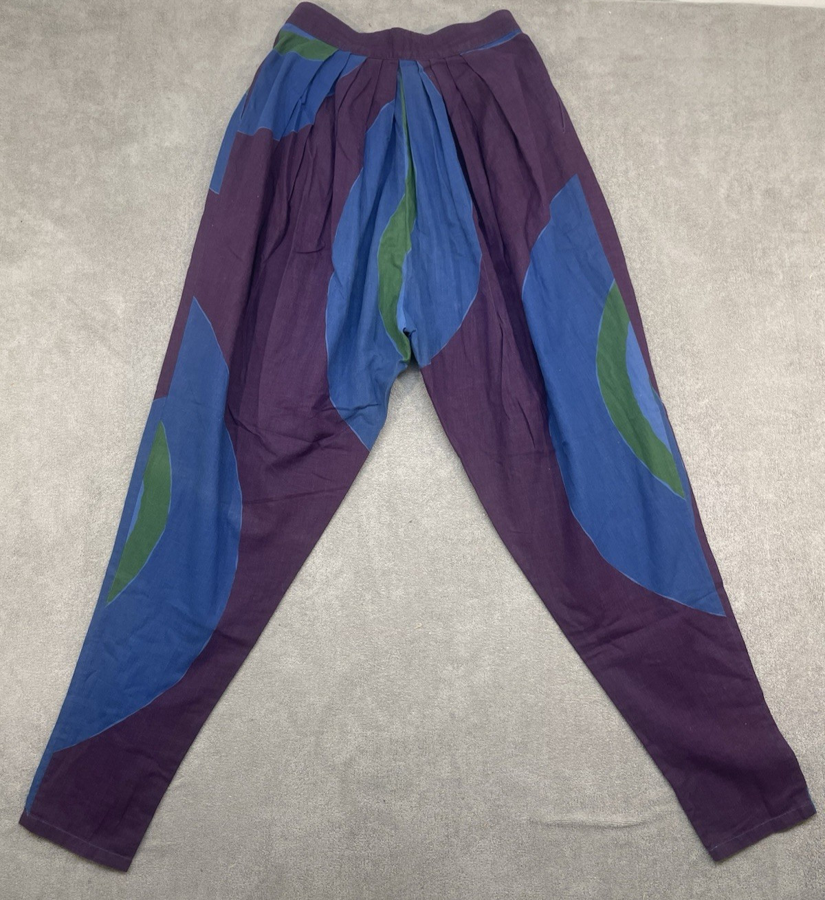 Vintage 1970s Kenzo Japan Blue Purple Green Abstract Harem Parachute Pants 26×30