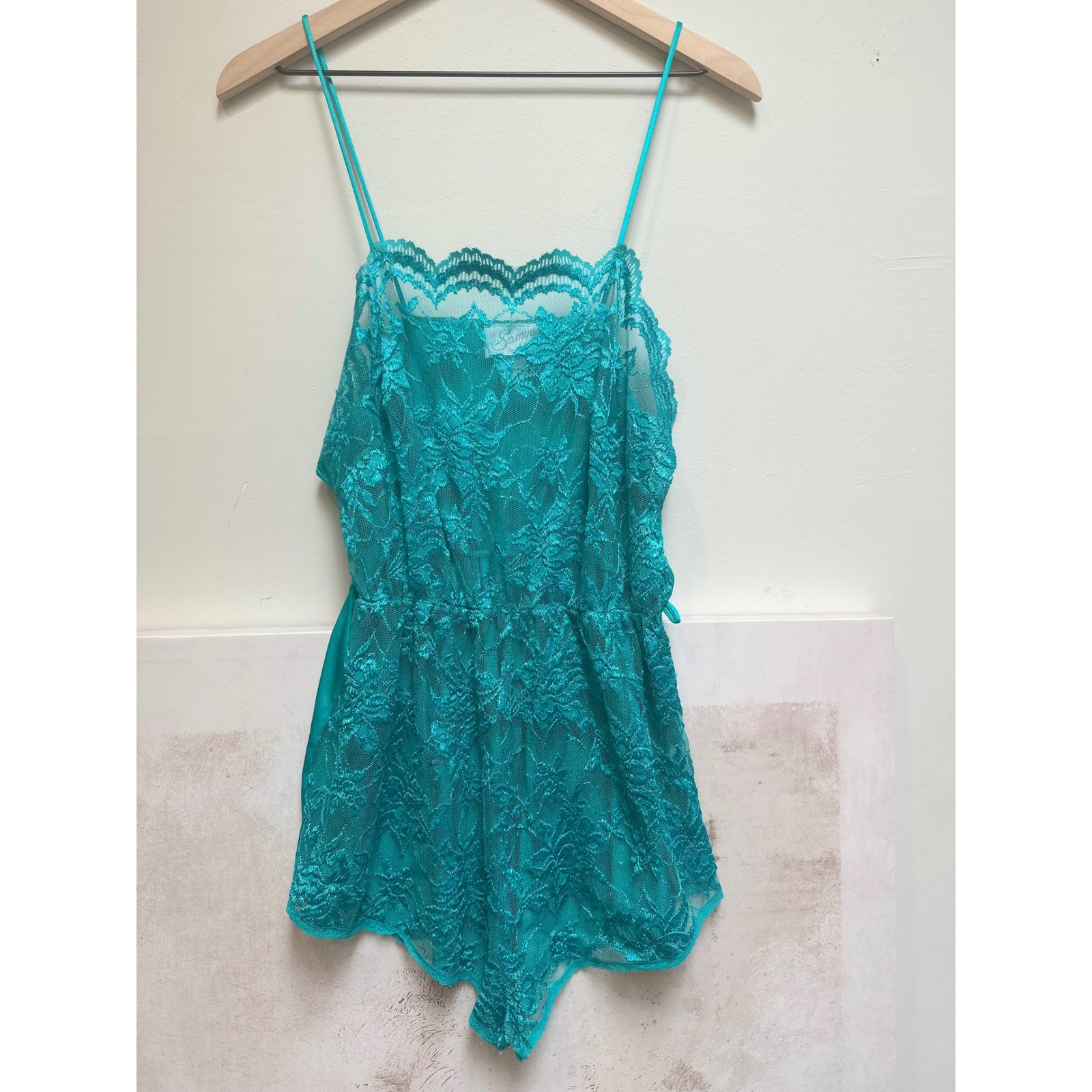 Vintage Samye Teal Floral Lace Teddy Romper Feminine Flirty