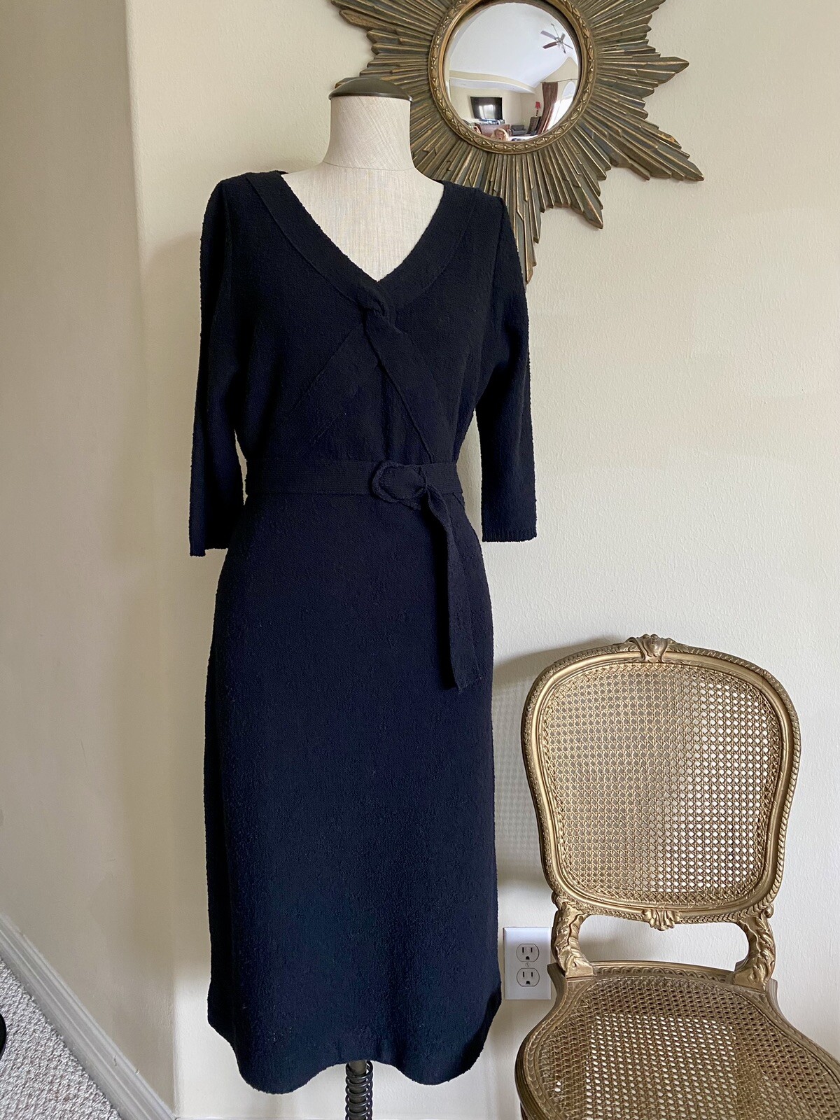 1930s Rare Black Hand-Knit Dress by Marinette w/ Belt
